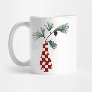 wavy abstract checkerboard vase with pine bough in red cranberry Mug